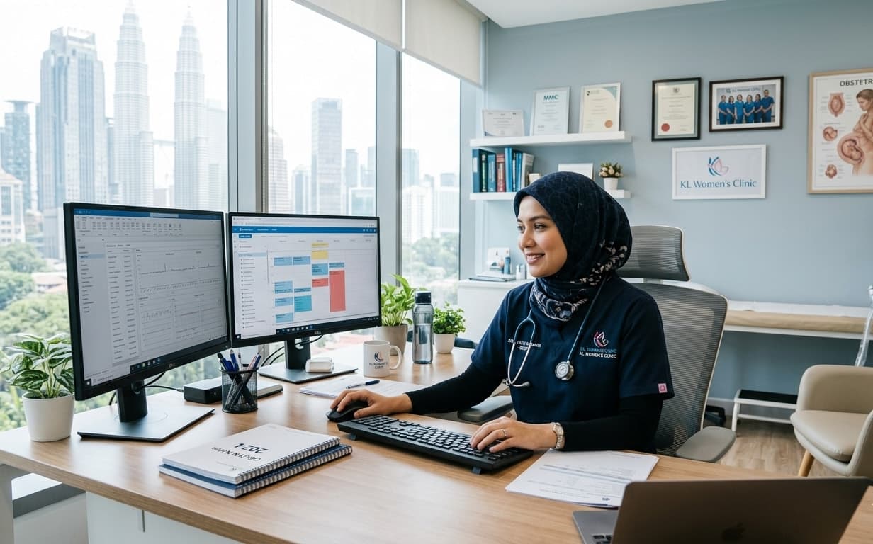 O&G clinician at a desk in a modern clinic, reviewing schedules and clinical data on dual monitors with a city view through the window.